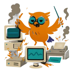 Exhausted owl mascot manually connecting system cables