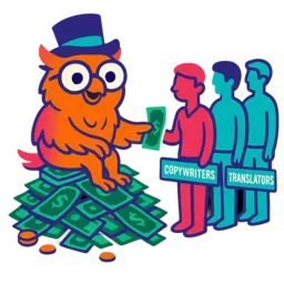 Rich owl mascot sitting on money pile, paying copywriters and translators