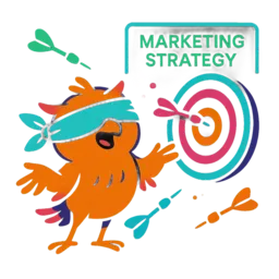 Blindfolded owl mascot throwing darts at a marketing strategy board