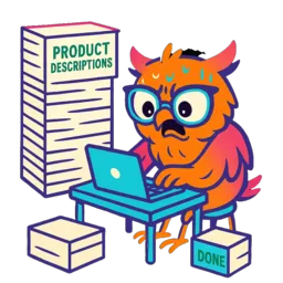 Stressed owl mascot manually typing at a tiny desk with huge stack of papers