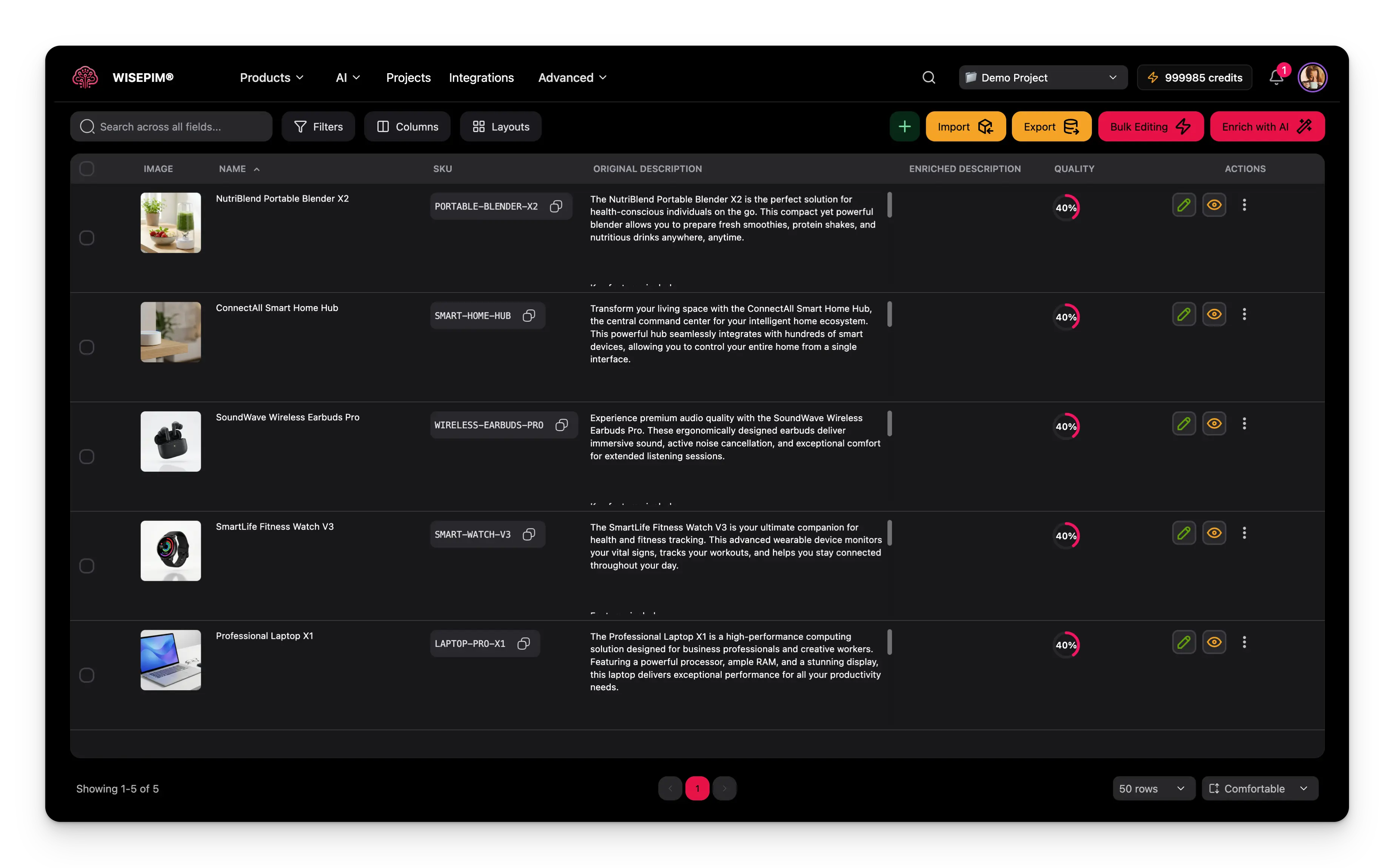 WISEPIM interface showing pim-for-b2b products