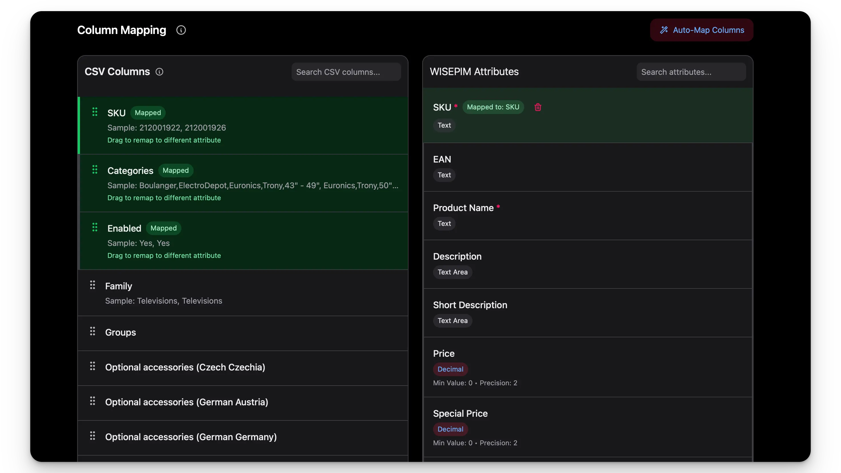 CSV column mapping during product import