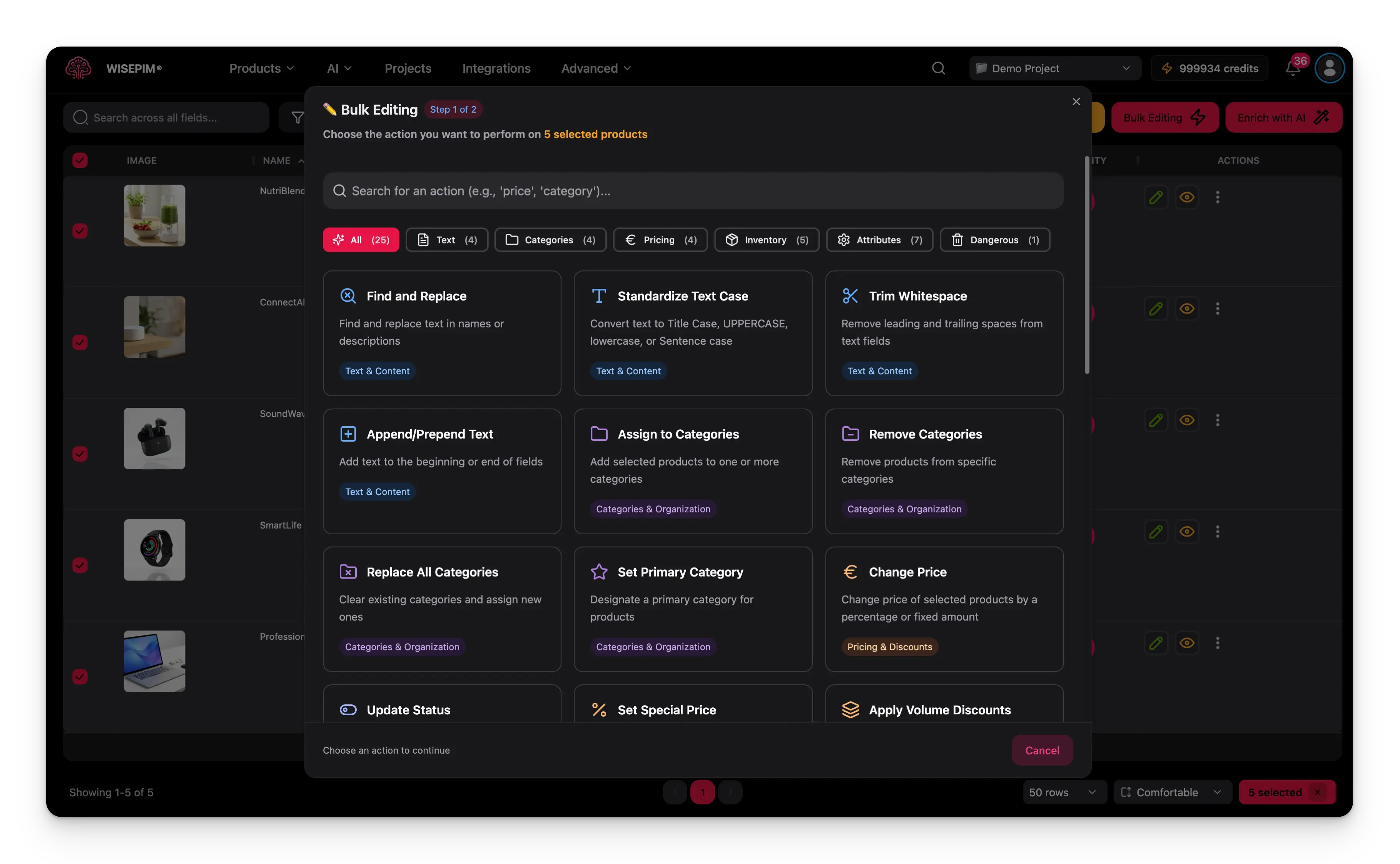 WISEPIM bulk operations interface
